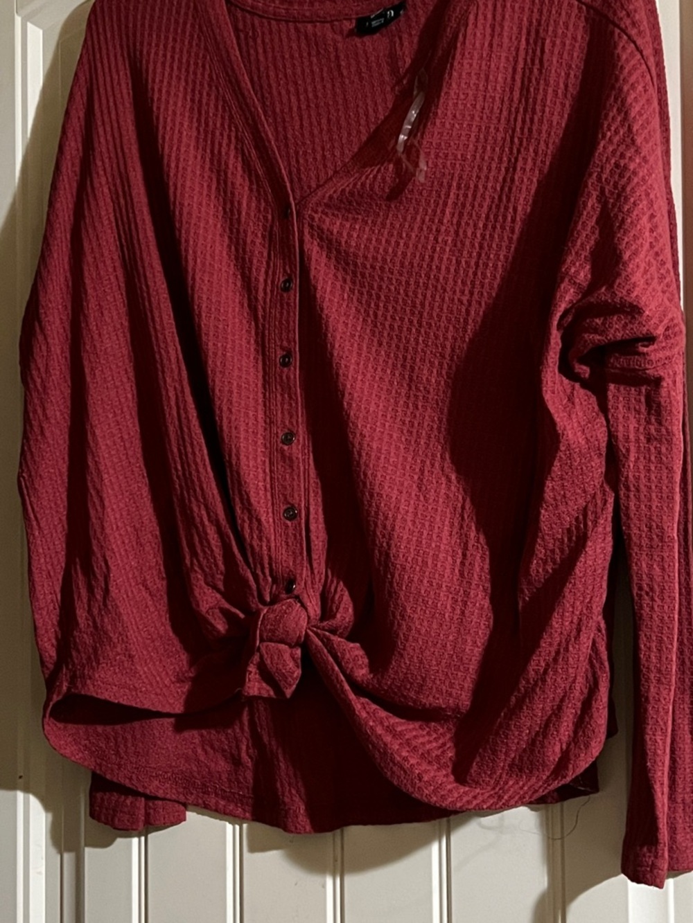 a.n.a Waffle-Knit Button Front Tie Hem Top - Deep Red